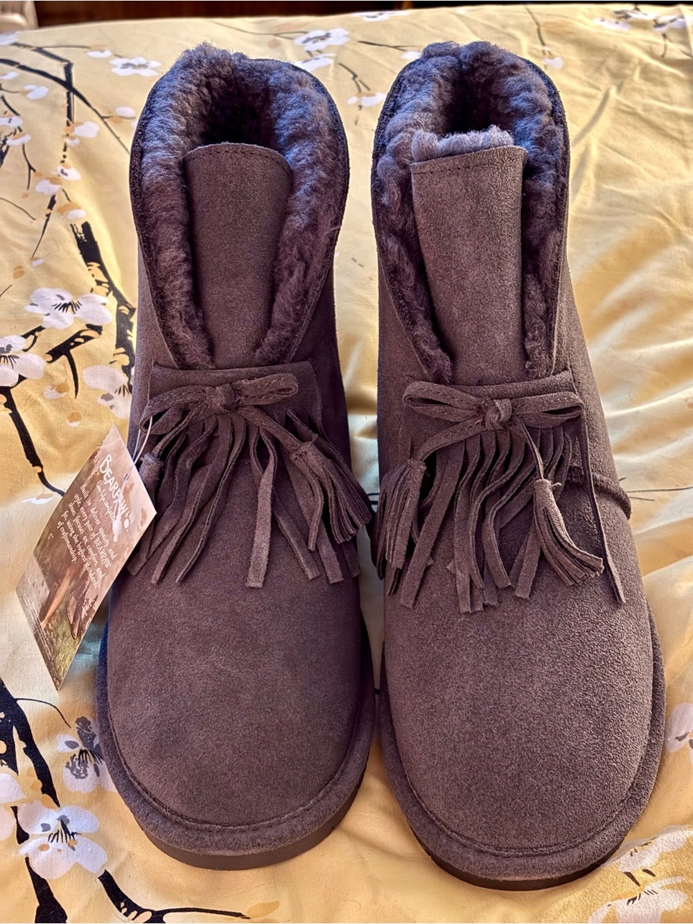 Bearpaw Christie Suede Shearling Fringe Ankle Boot